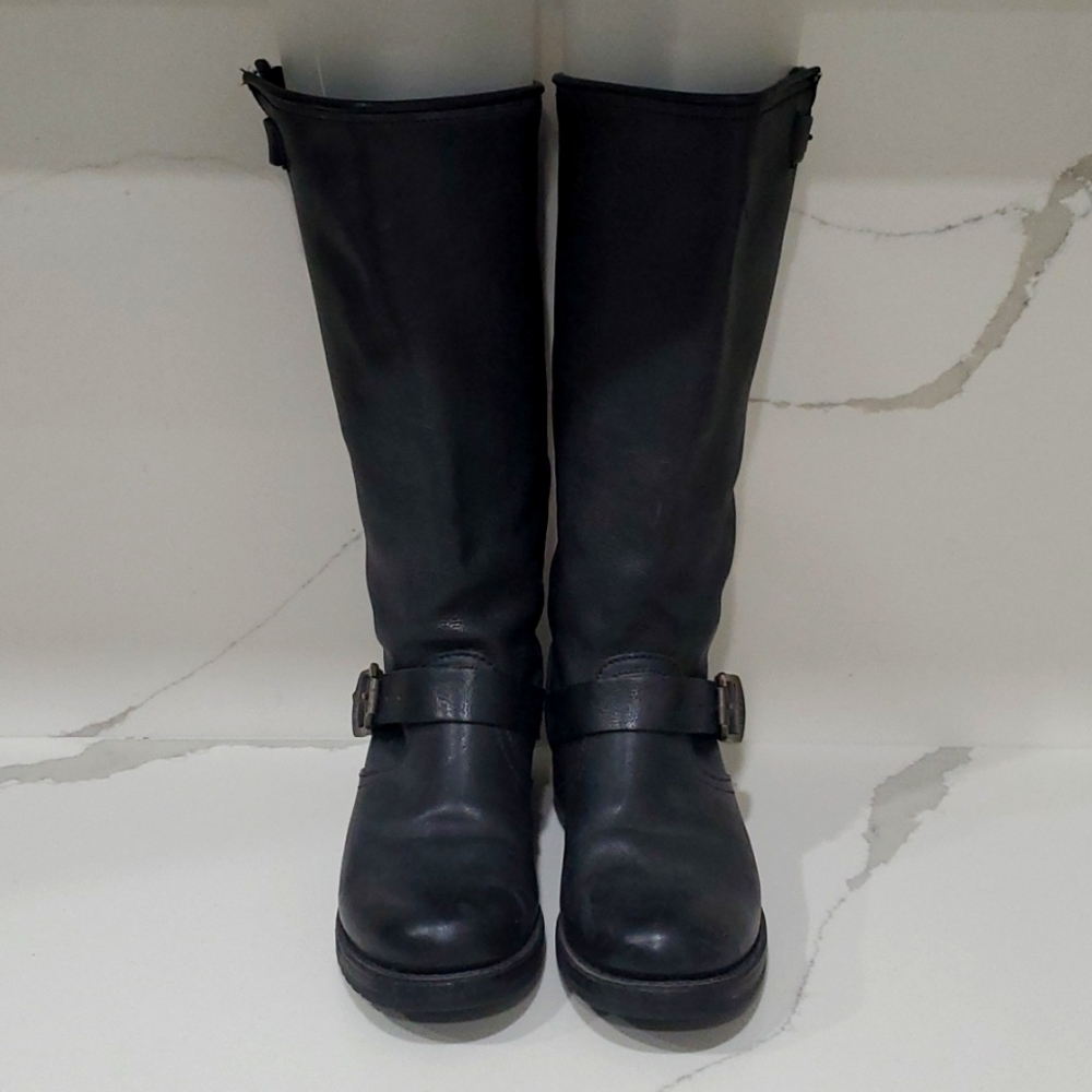 Frye Black Leather Mid-Calf Harness Boots